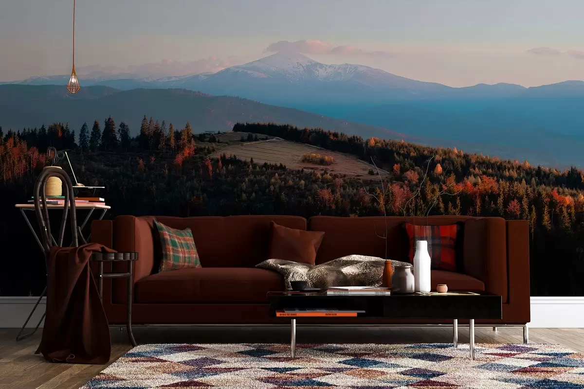 zidne murale Karpati, tekstura uljanog stila, jesenska šuma, zalazak sunca w04098