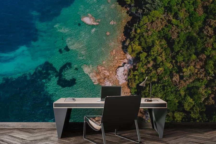 zidne murale Španjolska morska obala s akvamarinovom vodom, borova šuma, zračna fotografija w04099