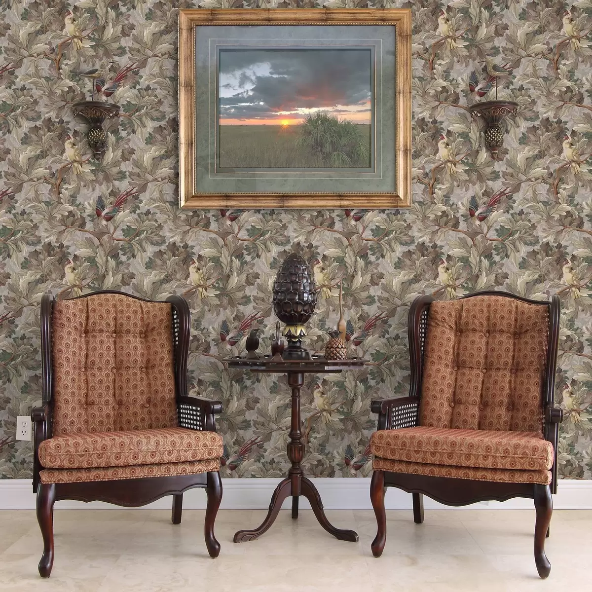 Pozadina Ptice na granama u vintage botaničkom stilu a00175