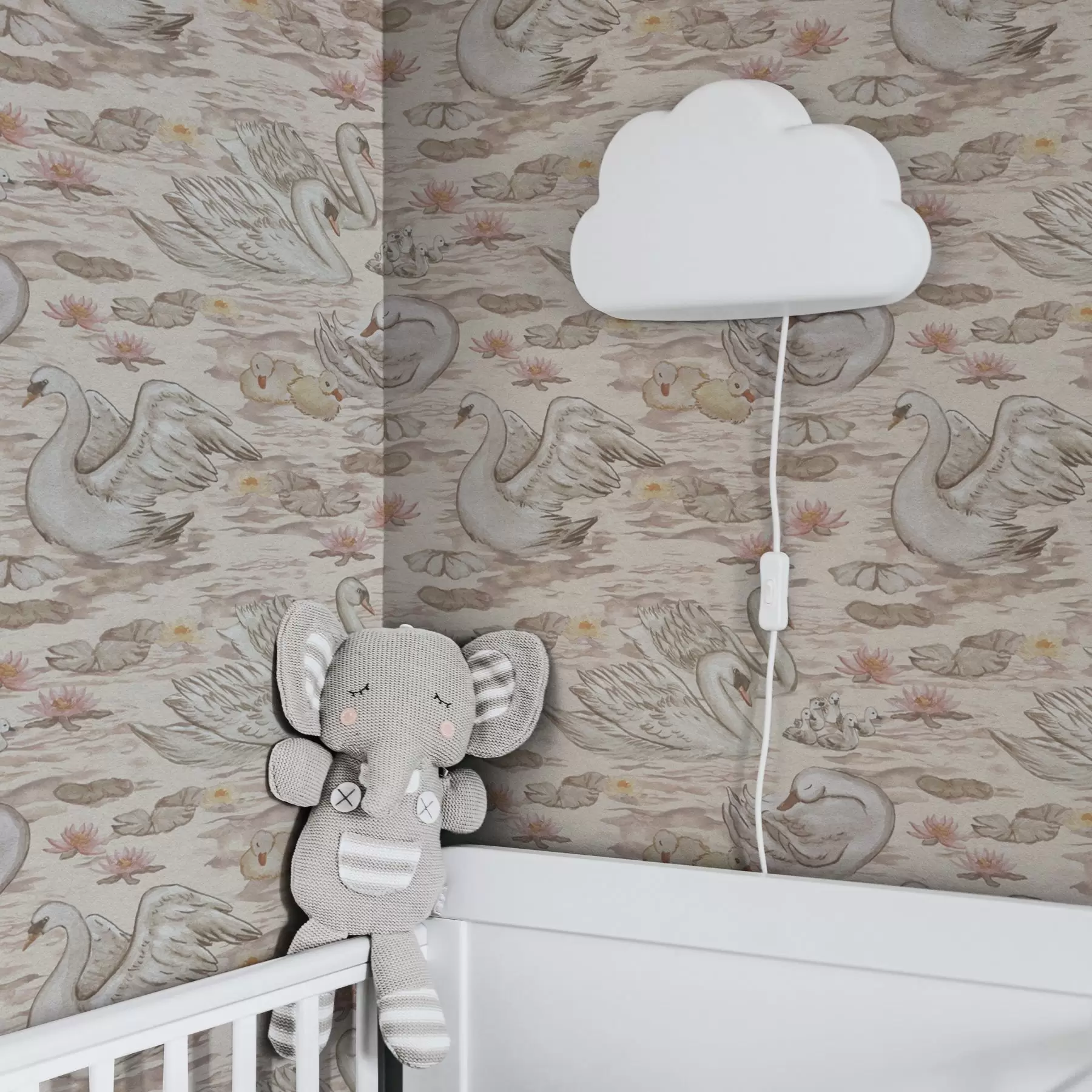 zidne murale Labudovi s pilićima na ružičastoj pozadini s lopočima a00176