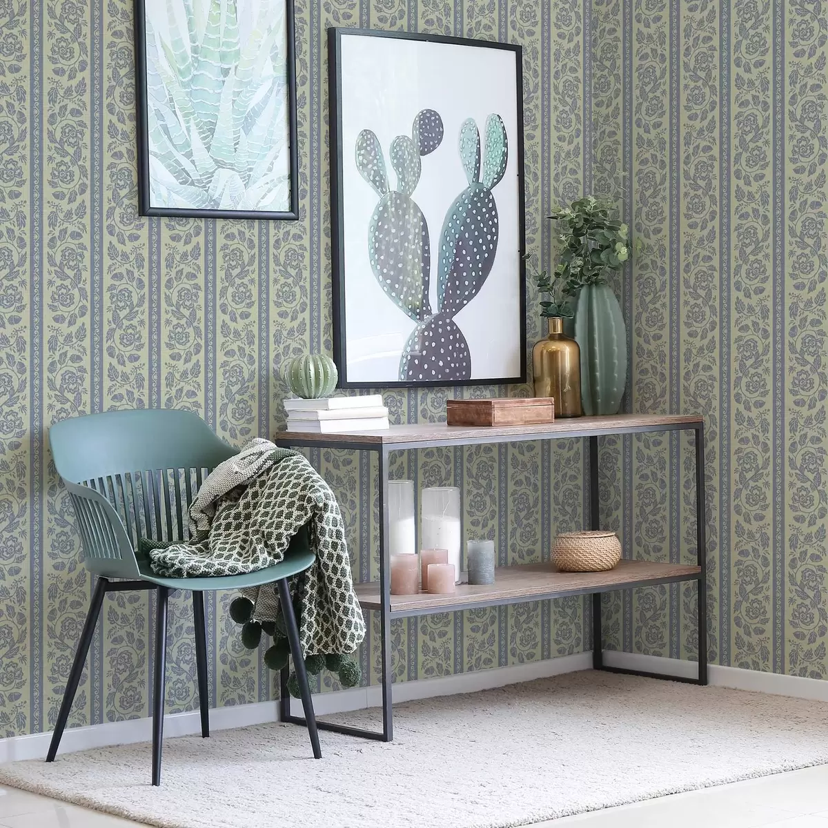 Pozadina Prugasti cvjetni ornament sa žirovima u plavim i bež tonovima a00181