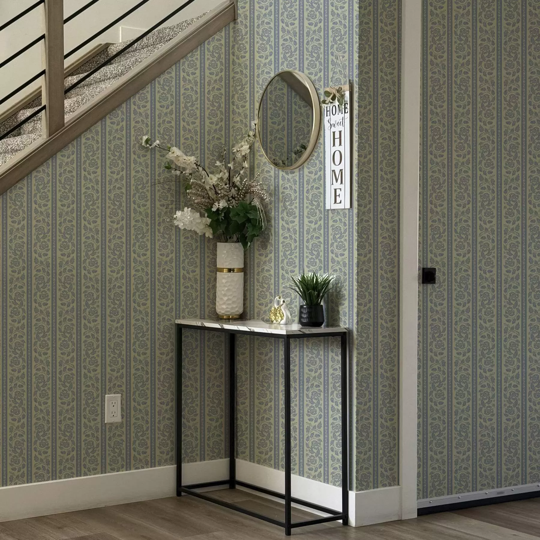 zidne murale Prugasti cvjetni ornament sa žirovima u plavim i bež tonovima a00181