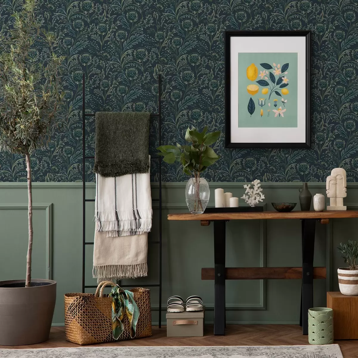 Pozadina Tamnozeleni cvjetni uzorak s artičokama a00186