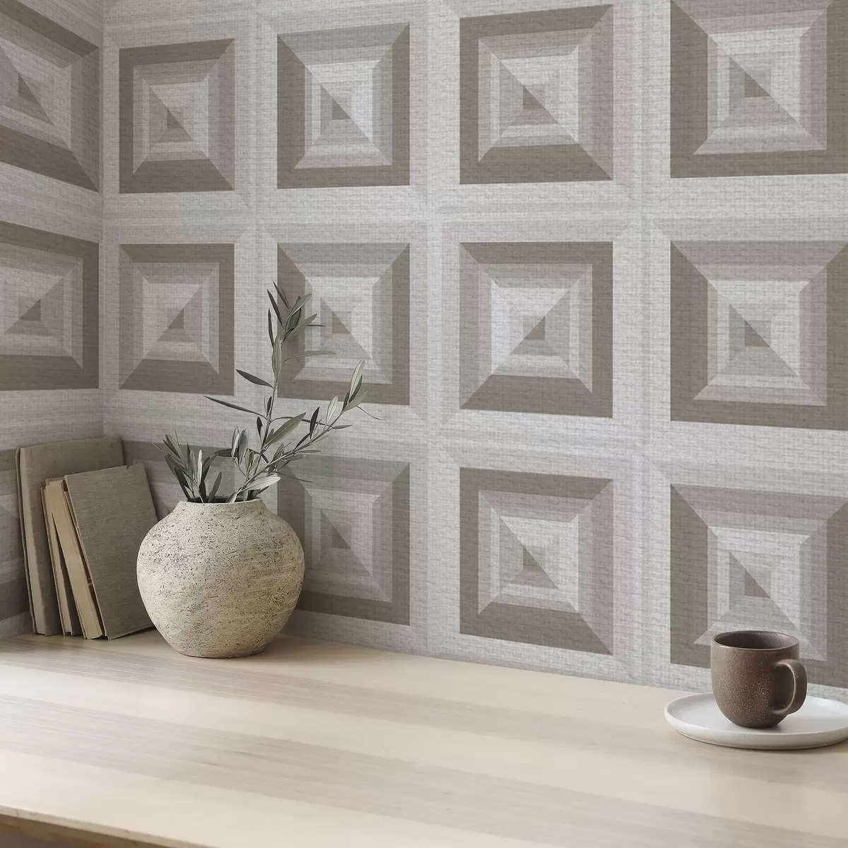 Pozadina Geometrijski trodimenzionalni uzorak u sivoj i bež boji a00187