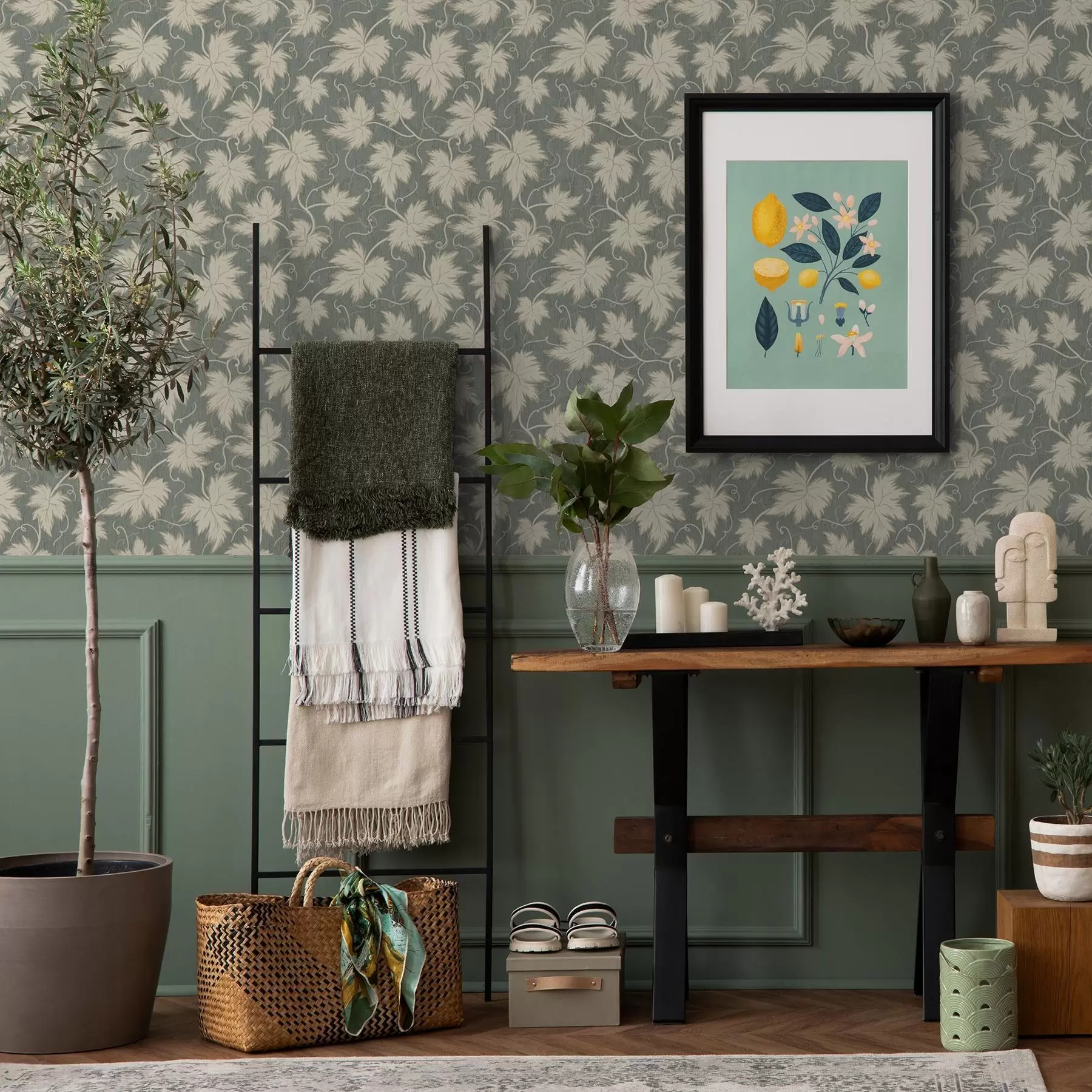 zidne murale Bijeli list grožđa na zelenoj pozadini a00194