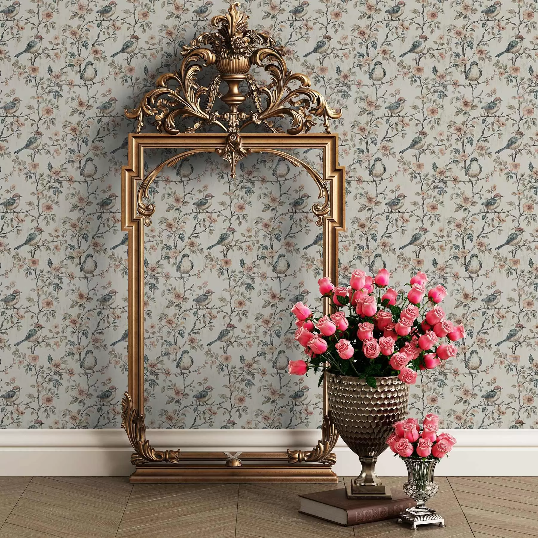 zidne murale Ptice na granama s cvijećem u retro stilu akvarela a00197