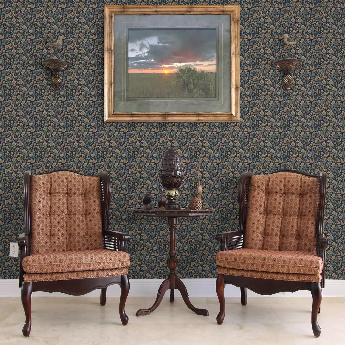 Pozadina Narančasto cvijeće na tamnoplavoj pozadini u vintage stilu a00200