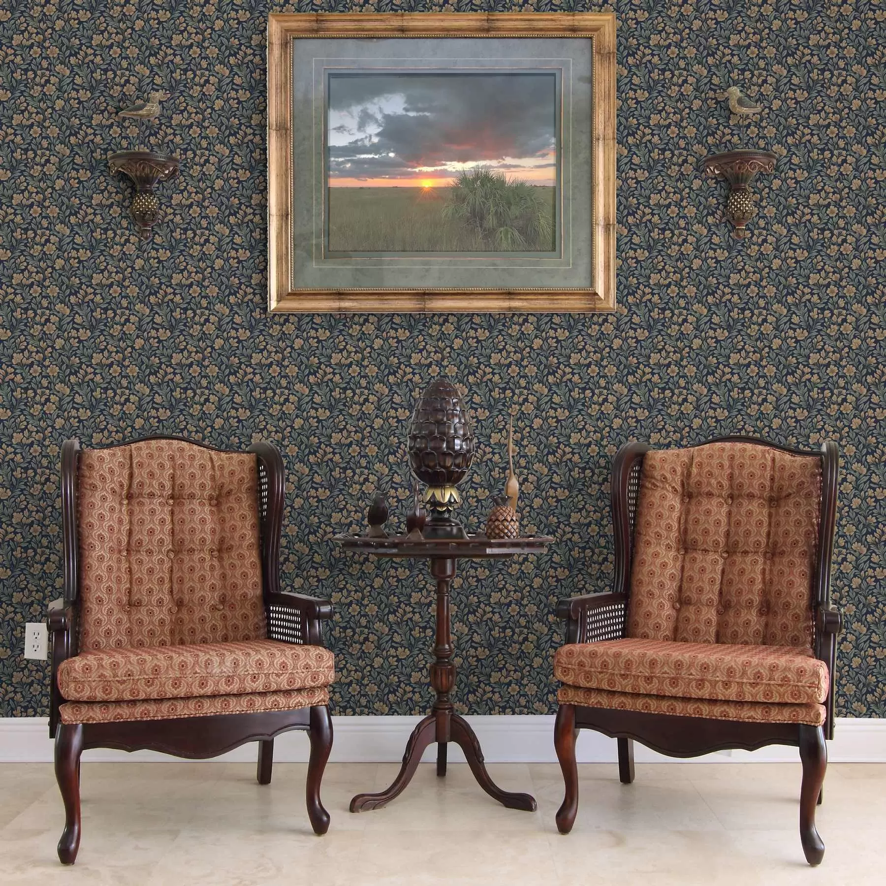 zidne murale Narančasto cvijeće na tamnoplavoj pozadini u vintage stilu a00200