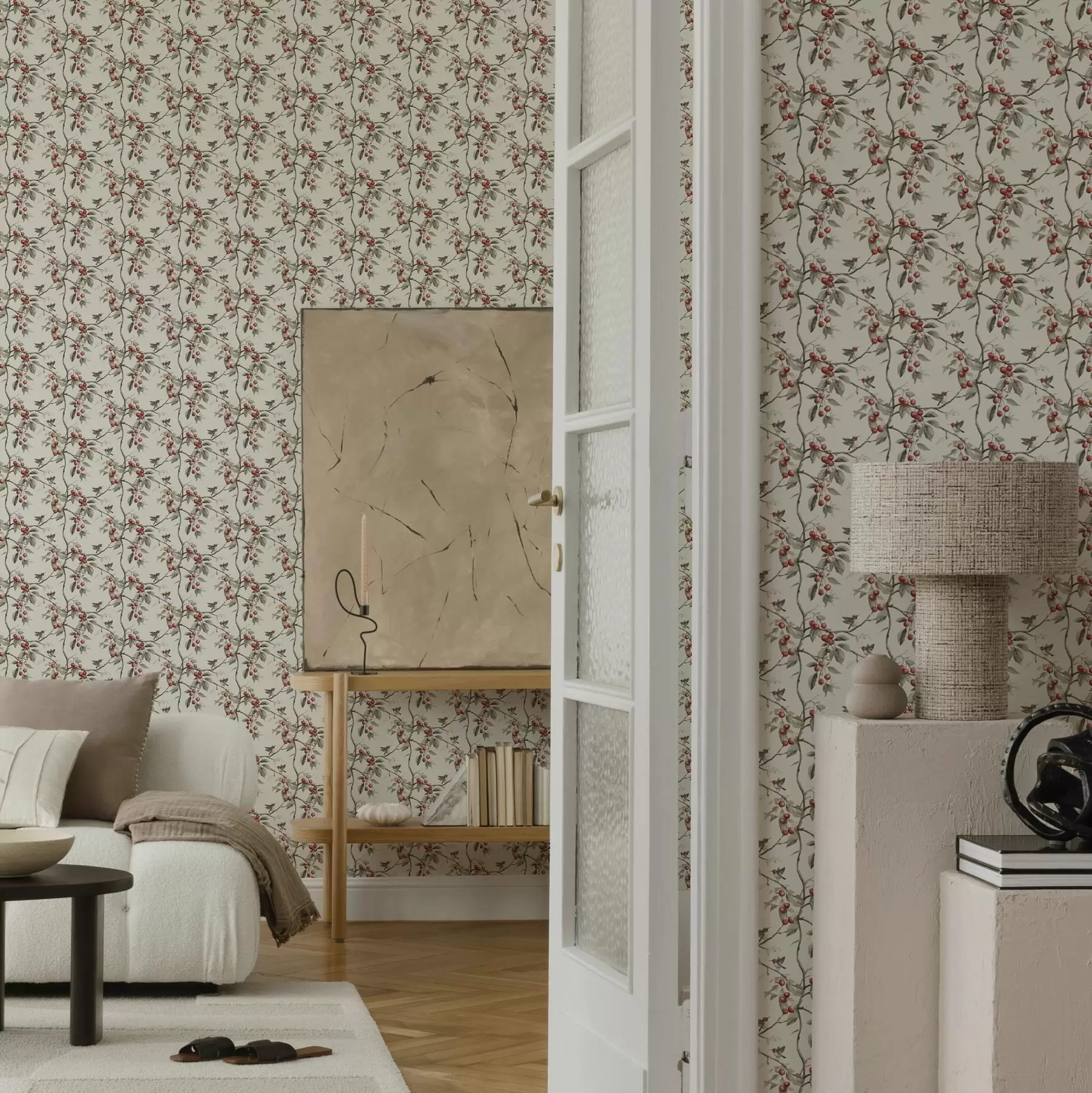 zidne murale Ptice među granama trešnje s crvenim bobicama a00206