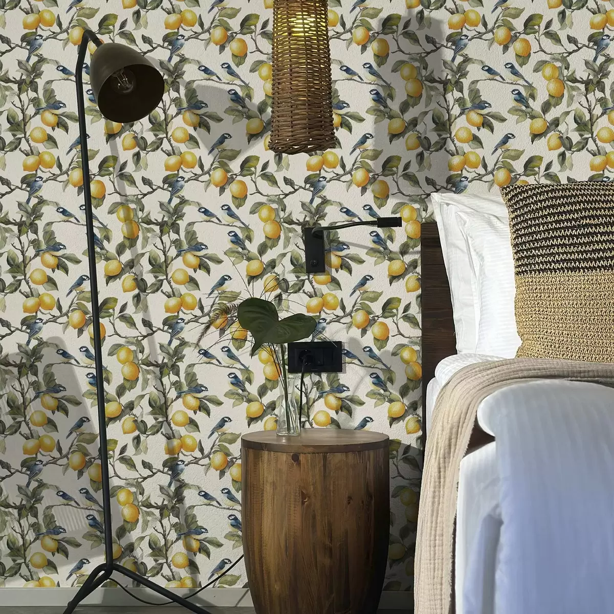 Pozadina Ptice i limuni na granama, akvarelni botanički crtež a00207