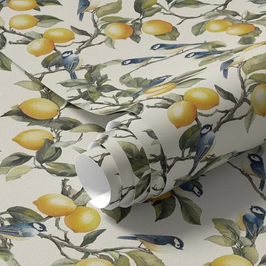 zidne murale Ptice i limuni na granama, akvarelni botanički crtež a00207