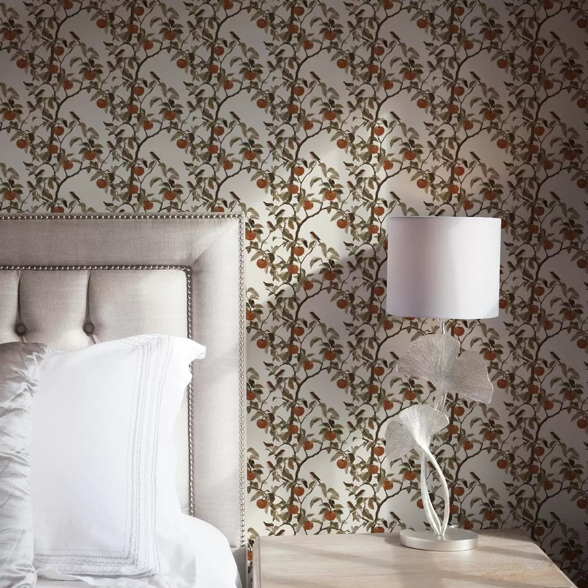 Pozadina Ptice i naranče na granama, vintage botanika a00208