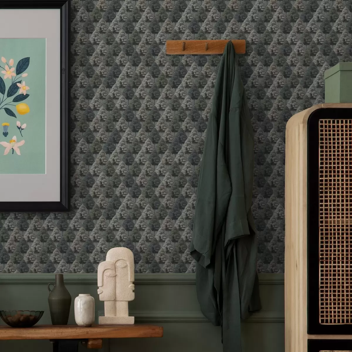 Pozadina Geometrijski šumski uzorak s drvećem u zelenim bojama a00209