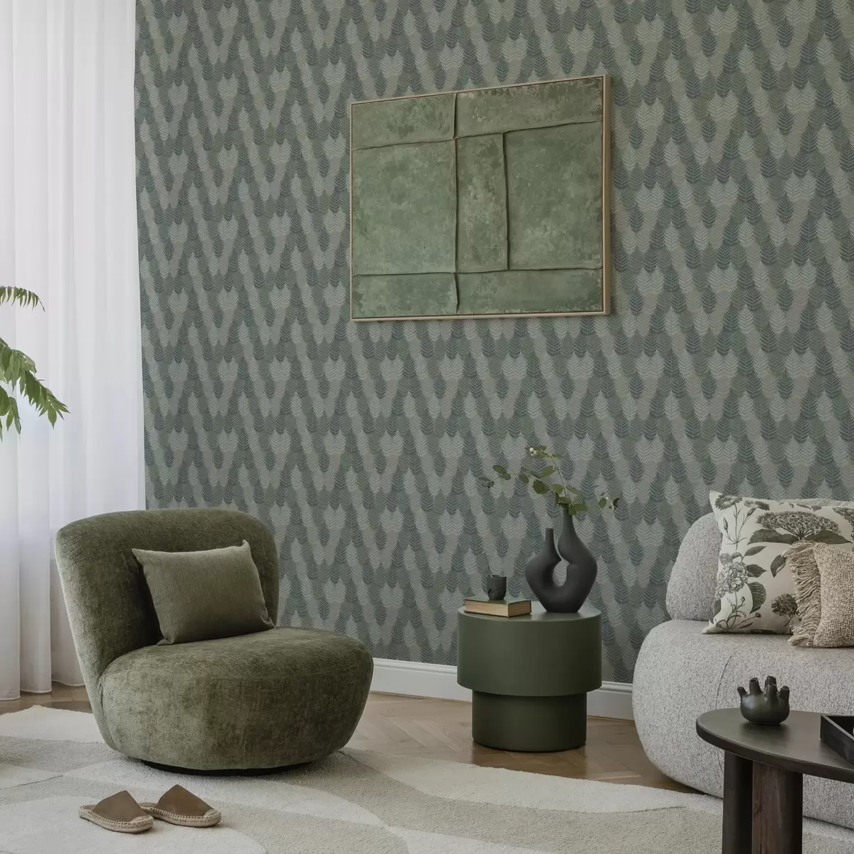 Pozadina Listovi paprati, geometrijski uzorak, zelene i plave boje a00211