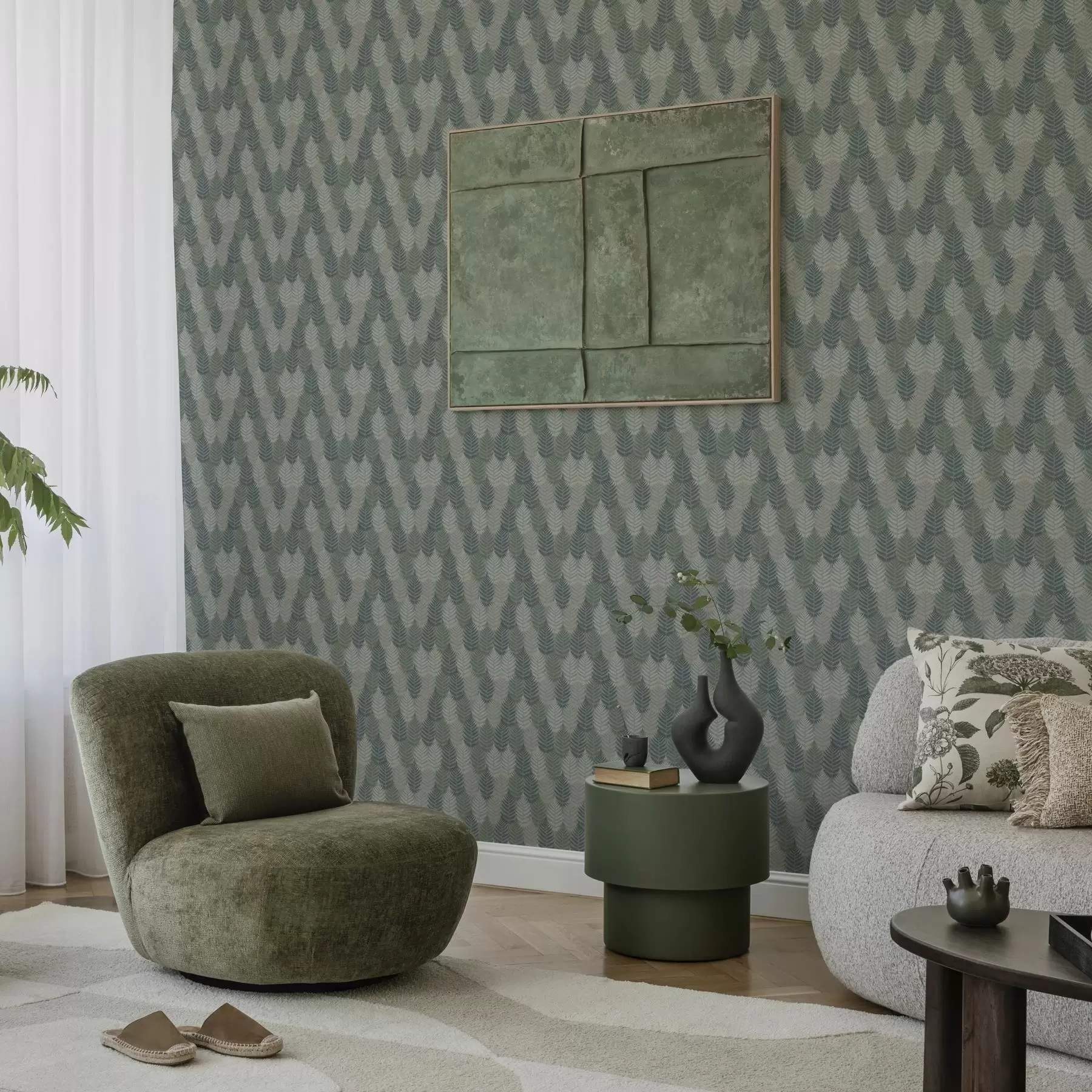 zidne murale Listovi paprati, geometrijski uzorak, zelene i plave boje a00211