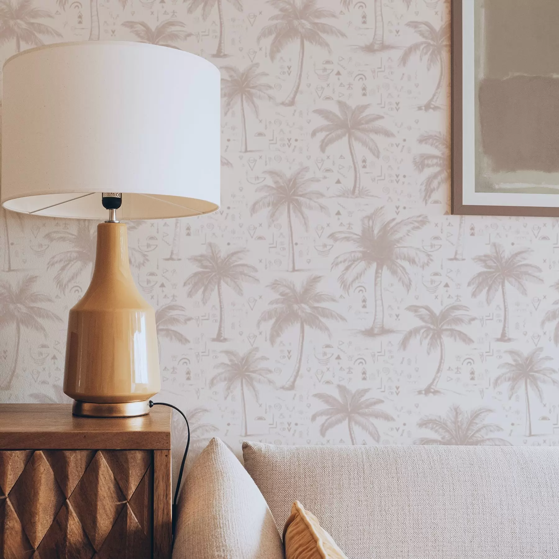 zidne murale Palme s etničkim simbolima, pastelno ružičasti ton a00213