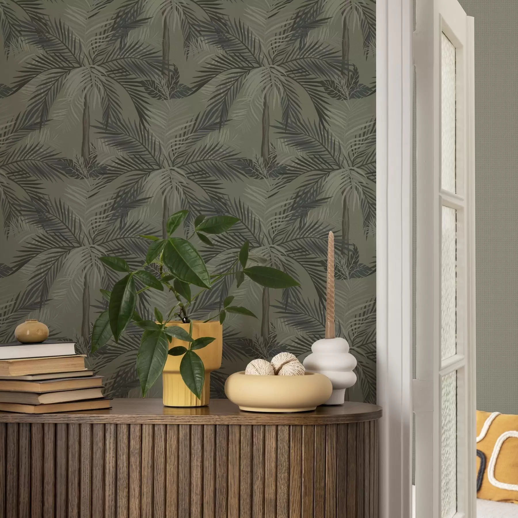 zidne murale Palmino lišće na maslinovoj pozadini, džungla, tropi a00217