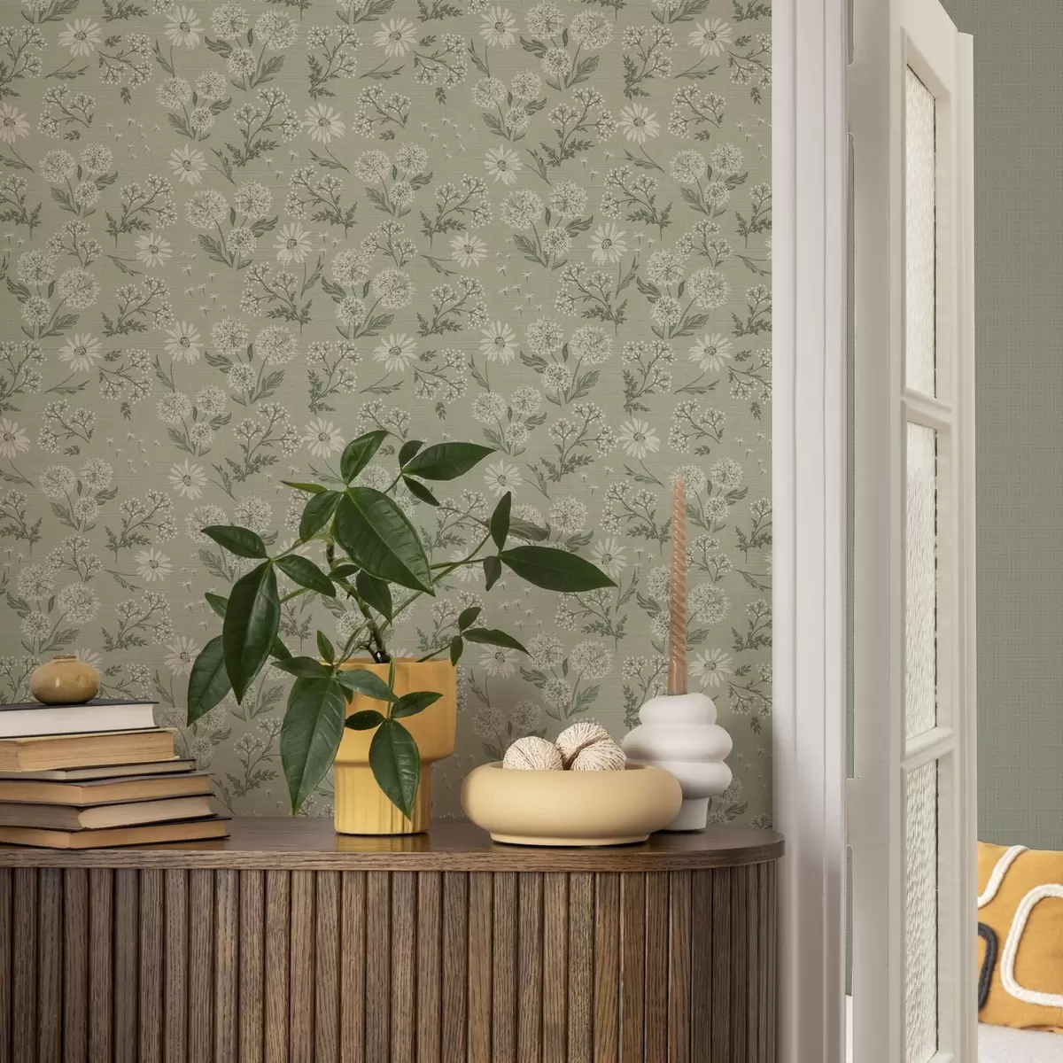 Pozadina Maslačci i tratinčice, botanički uzorak na sivo-zelenoj pozadini a00224