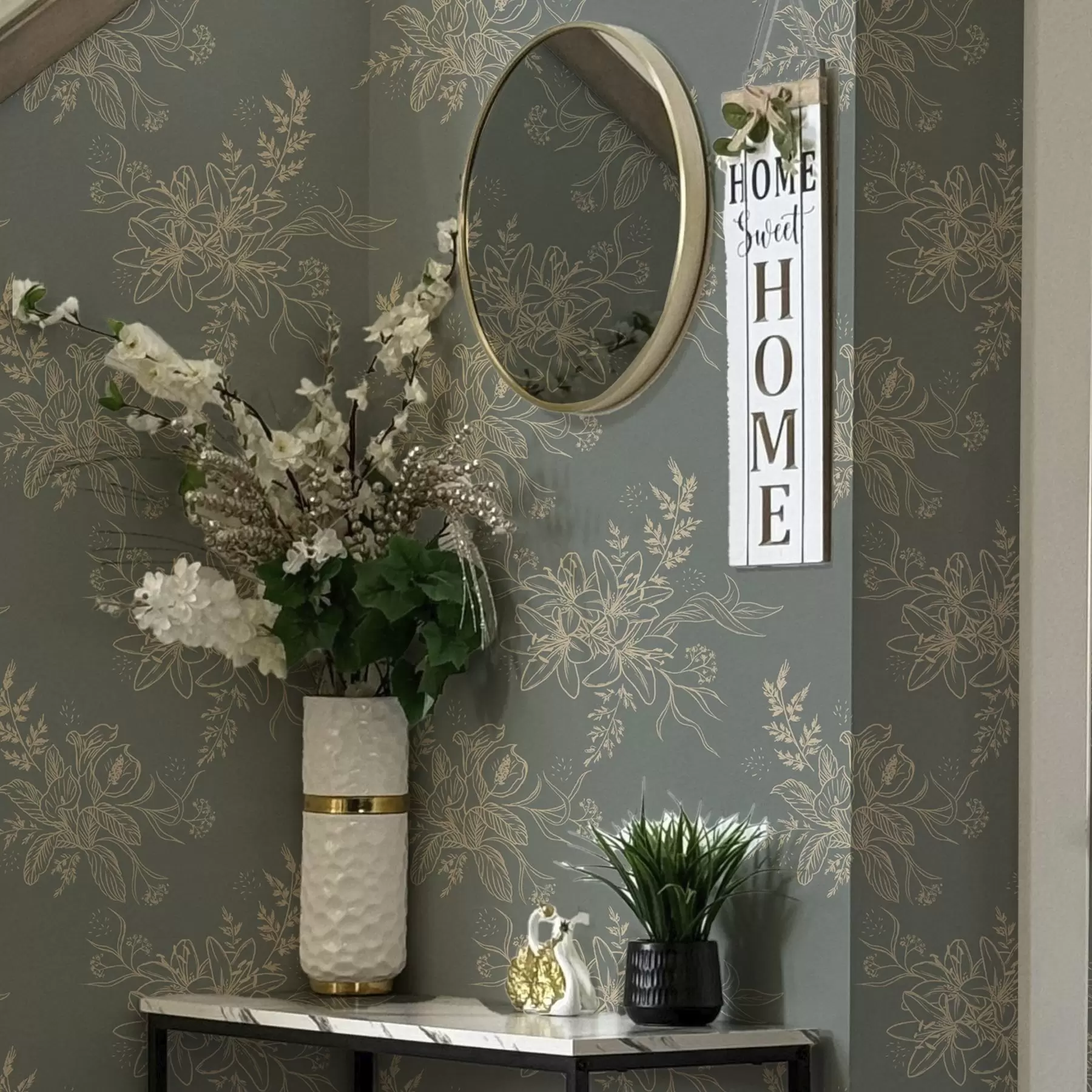 zidne murale Konturno cvijeće na plavo-sivoj pozadini, elegantan botanički uzorak a00226