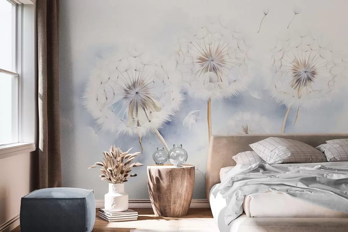 zidne murale Teksturirani maslačci sa sjemenkama koje lebde u zraku, svijetloplava i bijela pozadina, mekani, nježni stil crtanja w09190