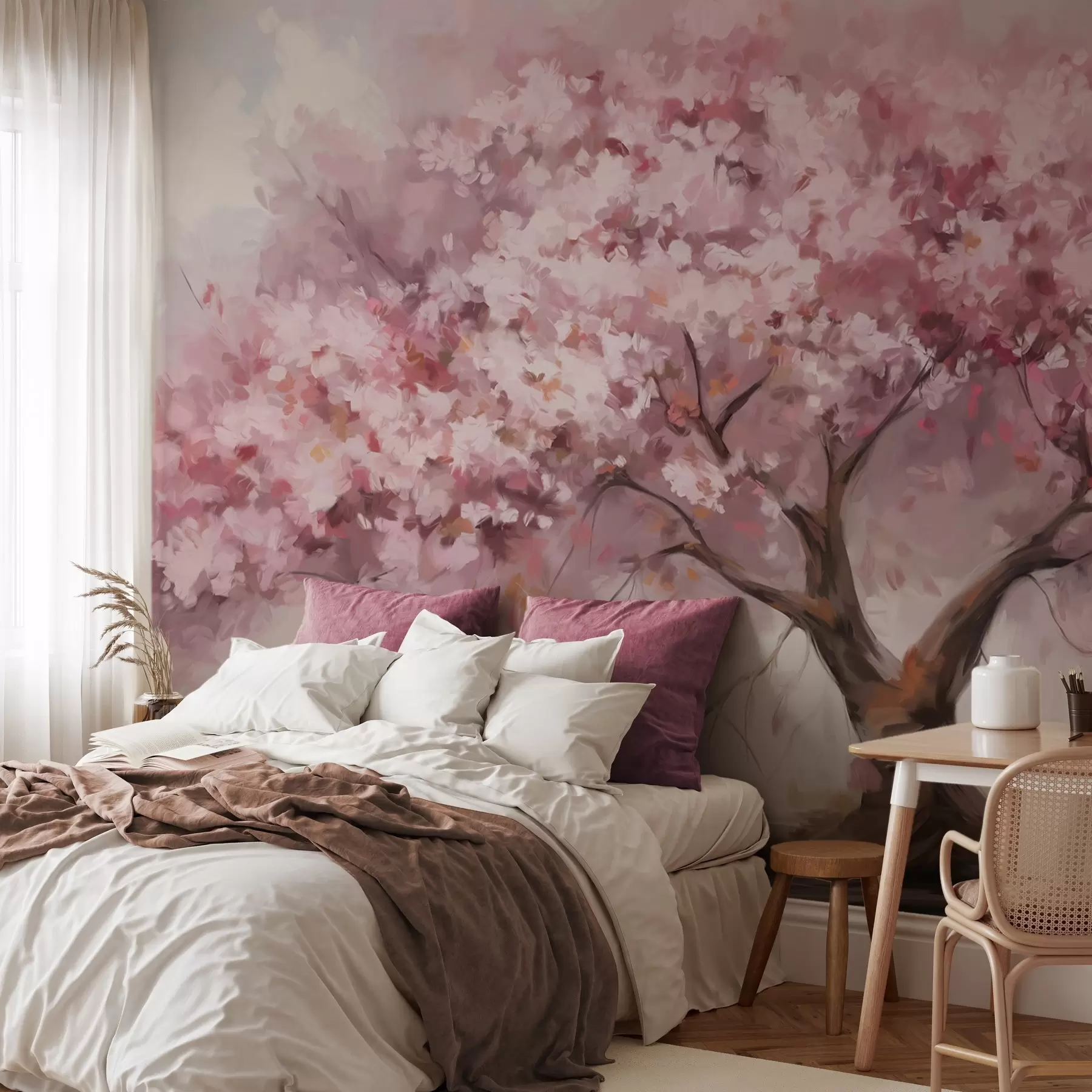 zidne murale Apstraktno ružičasto cvjetajuće drvo u punom cvatu, pored rijeke, mekani teksturirani potezi kistom i pastelne boje w09193