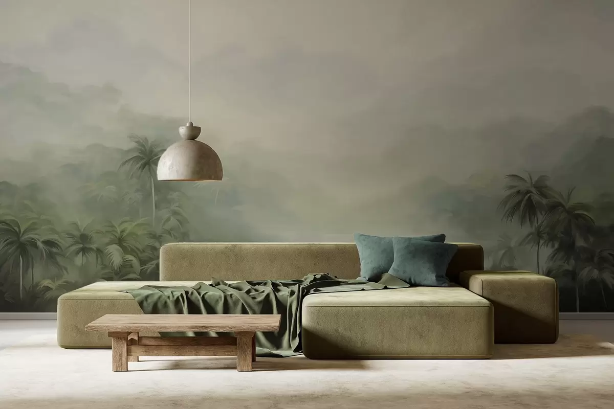 zidne murale Gungle krajolik s bujnim zelenim palmama i valovitim brežuljcima, meke pastelne boje, imitacija teksturiranog slikanja w09194