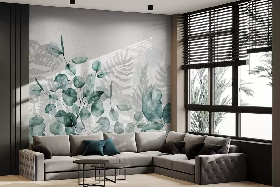 zidne murale Listovi eukaliptusa i paprati u nijansama zelene i sive, efekt akvarela, botanička ilustracija w09197