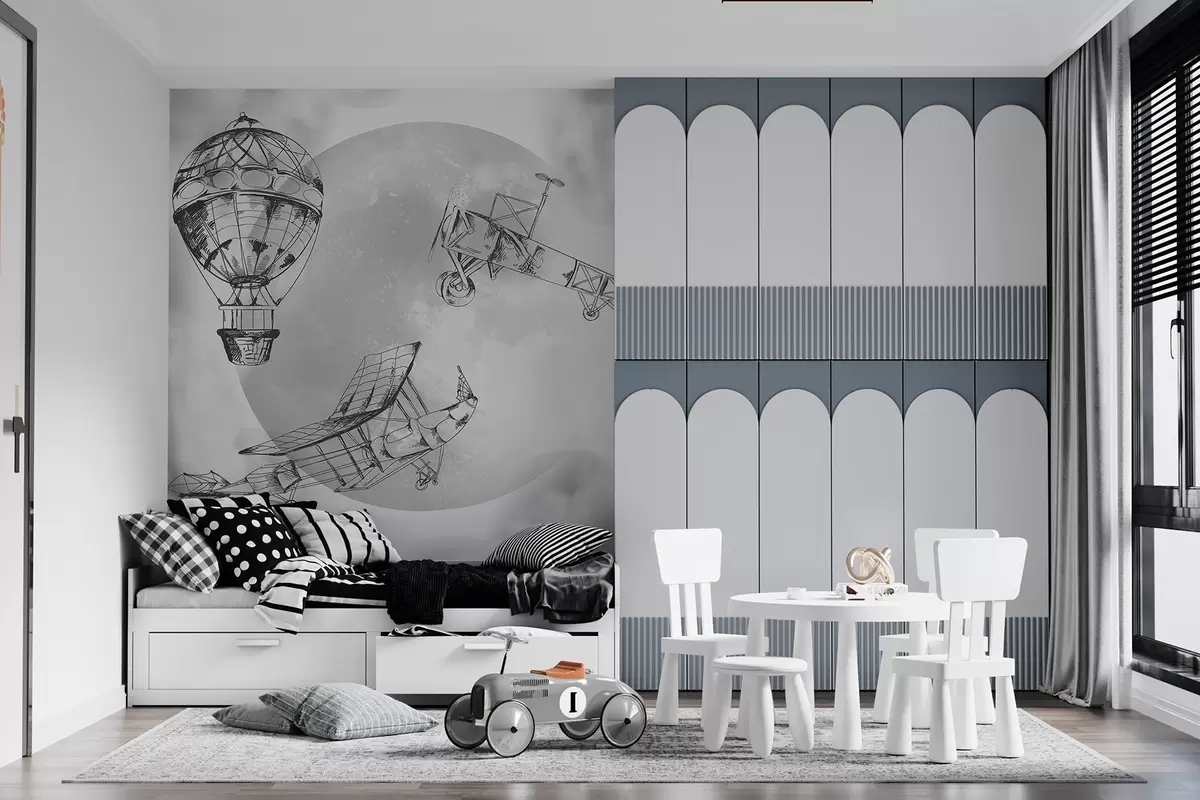 zidne murale Retro avioni na pozadini mjeseca i oblaka w04085