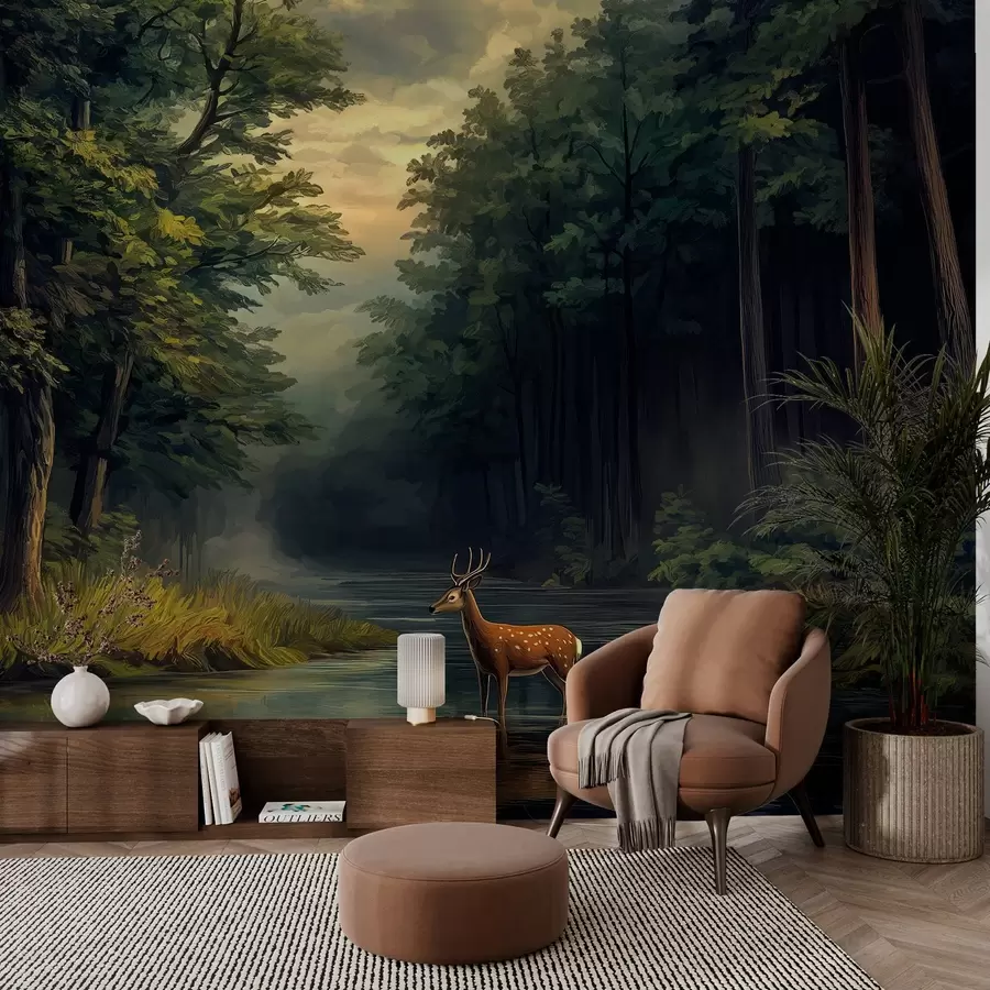 zidne murale Šuma s jelenima i rijekom u stilu nizozemskog uljanog slikarstva w04072