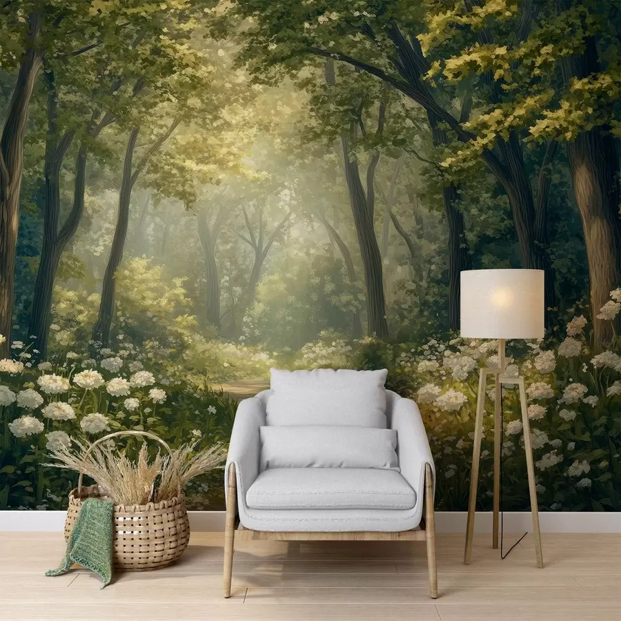 zidne murale Staza u zelenoj šumi, bijelo cvijeće, sunčeva svjetlost, crtež u akrilnom stilu w04119