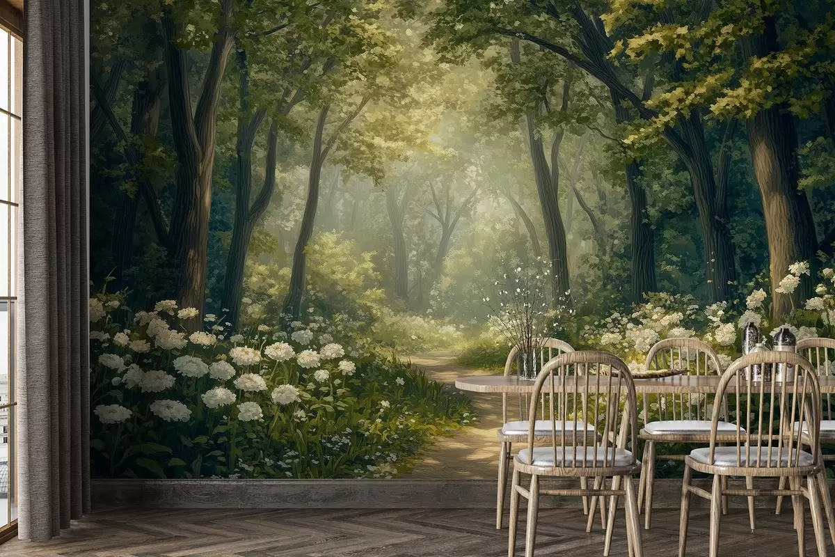 zidne murale Staza u zelenoj šumi, bijelo cvijeće, sunčeva svjetlost, crtež u akrilnom stilu w04119