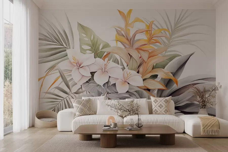 zidne murale Botanička ilustracija tropskog cvijeća s listovima palme i monstere, meke boje, akvarelni stil w09201