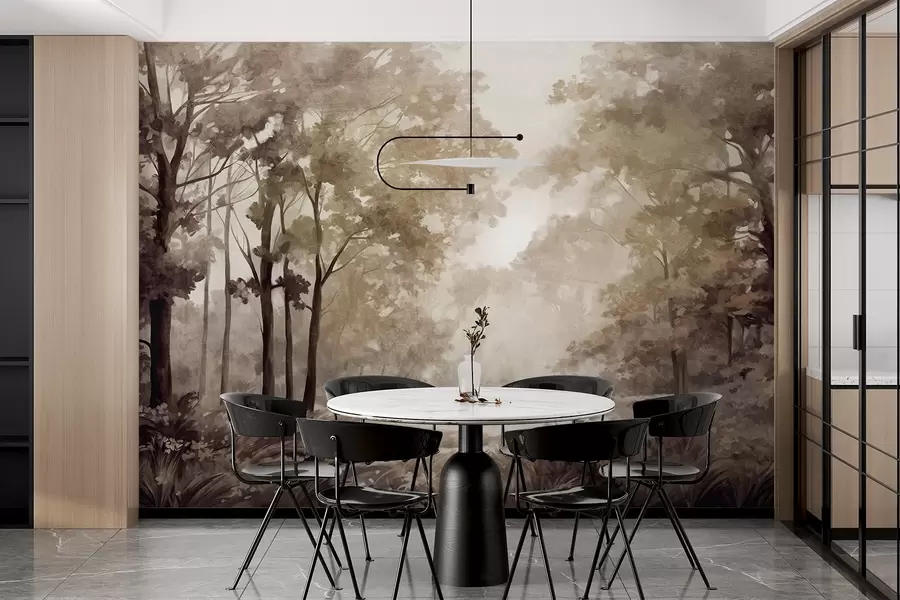 zidne murale Teksturirani šumski krajolik, drveće s bež i smeđim lišćem, pastelna paleta boja w09210