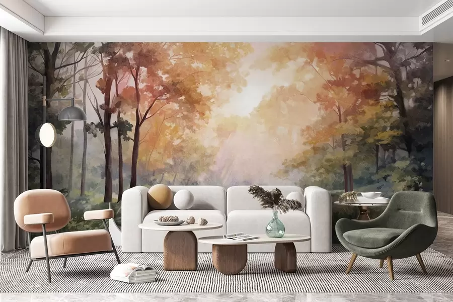 zidne murale Teksturirani šumski krajolik, drveće s narančastim i zelenim lišćem, pastelna paleta boja w09210v1