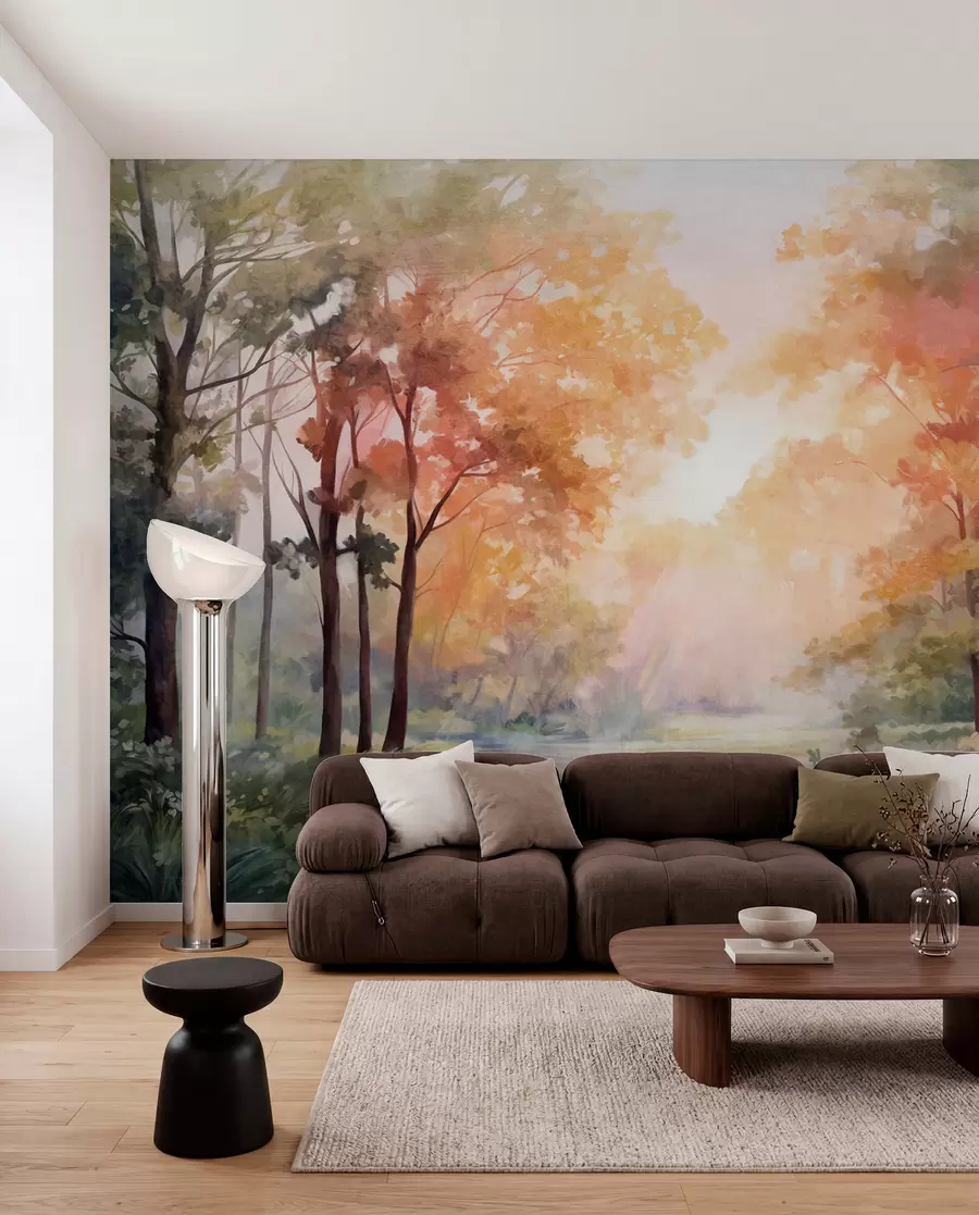 zidne murale Teksturirani šumski krajolik, drveće s narančastim i zelenim lišćem, pastelna paleta boja w09210v1