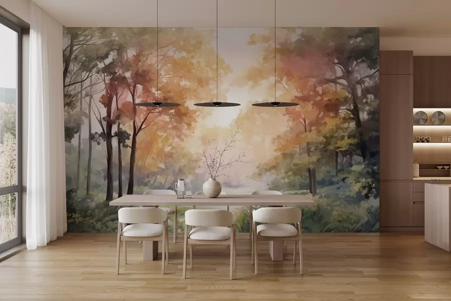 zidne murale Teksturirani šumski krajolik, drveće s narančastim i zelenim lišćem, pastelna paleta boja w09210v1