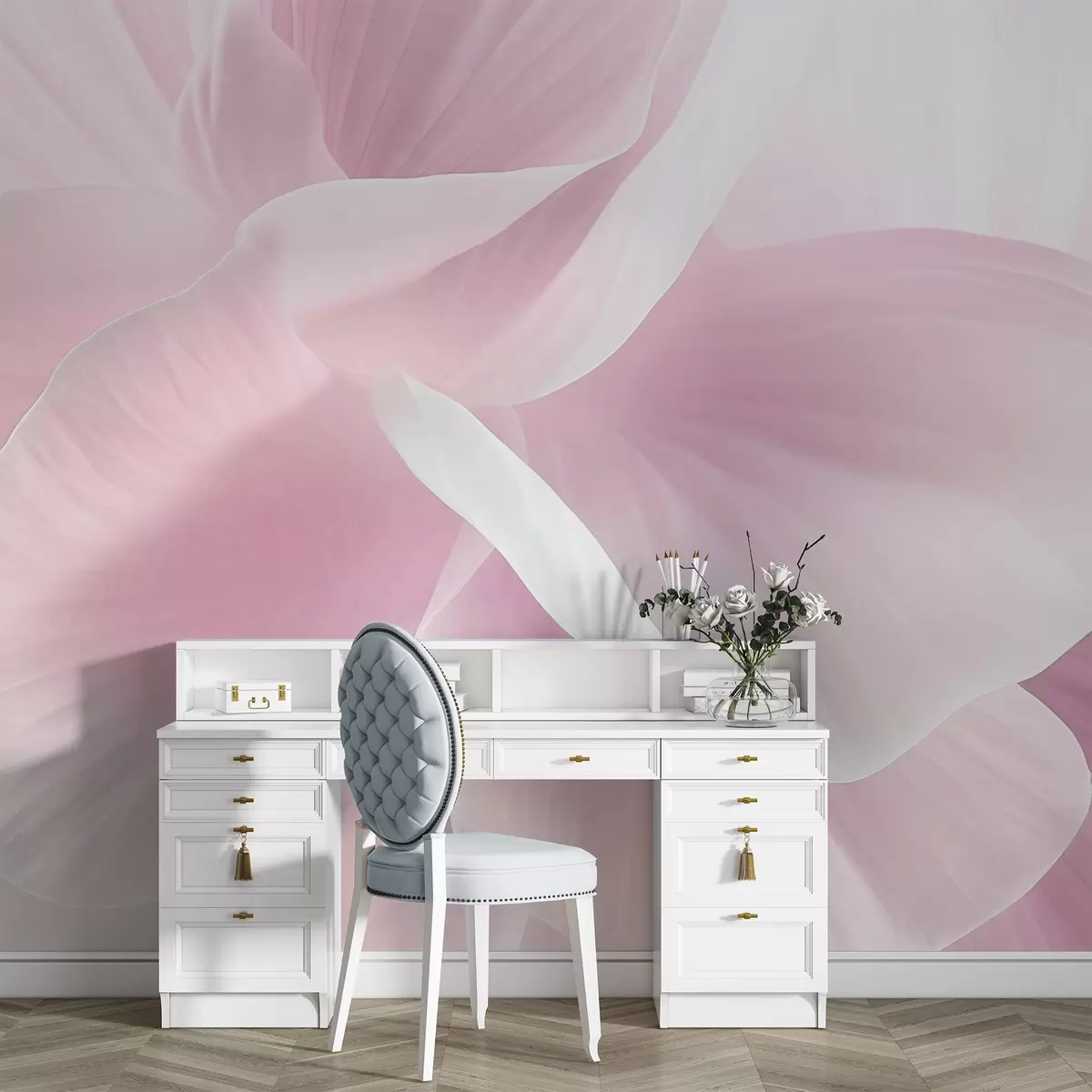 zidne murale Apstraktni teksturirani cvijet s nježnim laticama, mekana rasvjeta, elegantna kompozicija, minimalistička estetika w09211v1