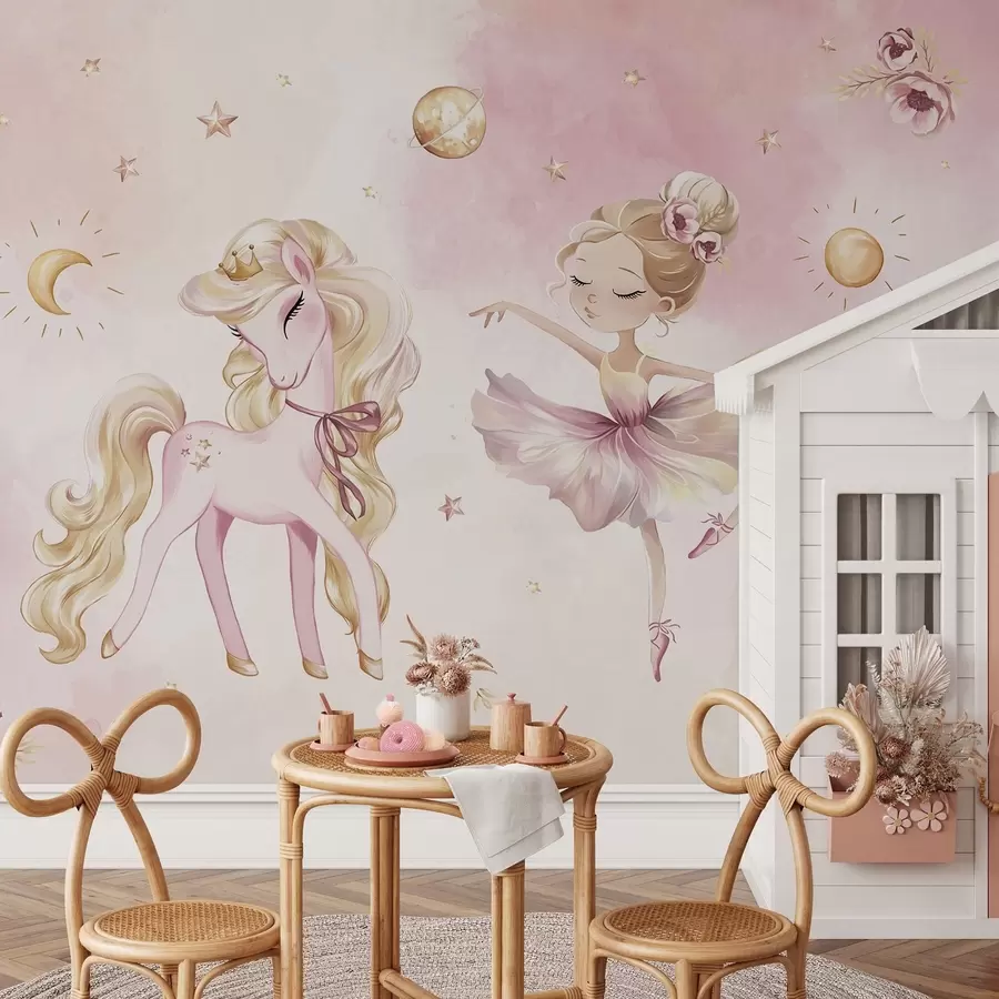 zidne murale Jednorog i balerina u ružičastoj bajci, dječja priča w04196
