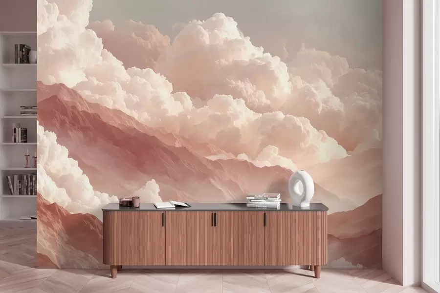 zidne murale Topli izlazak sunca nad planinama s pahuljastim oblacima w09226