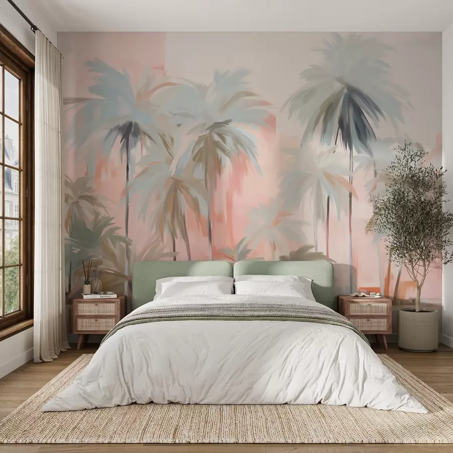 zidne murale Apstraktne minimalističke pastelne tropske palme, na pozadini nježno ružičastih i breskvastih nijansi w09212