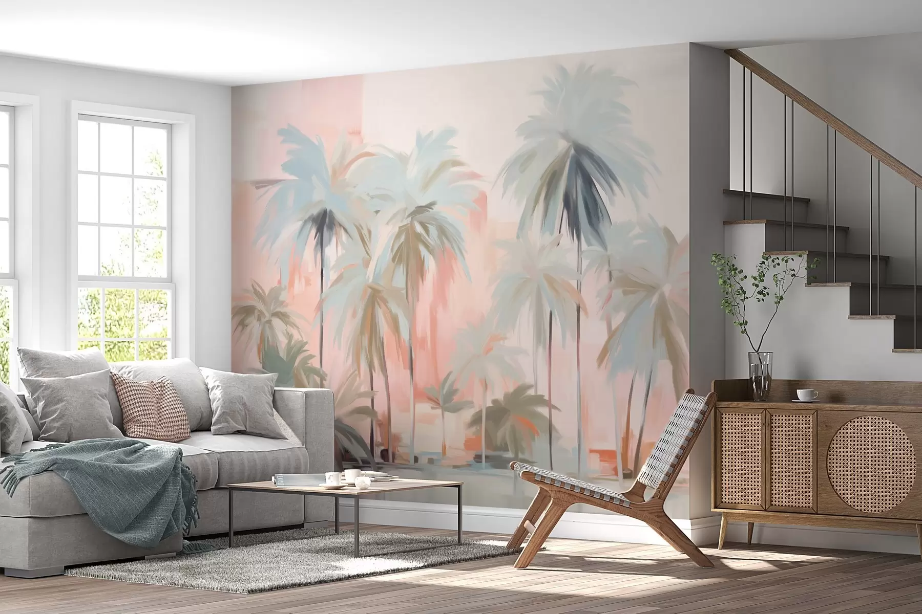 zidne murale Apstraktne minimalističke pastelne tropske palme, na pozadini nježno ružičastih i breskvastih nijansi w09212