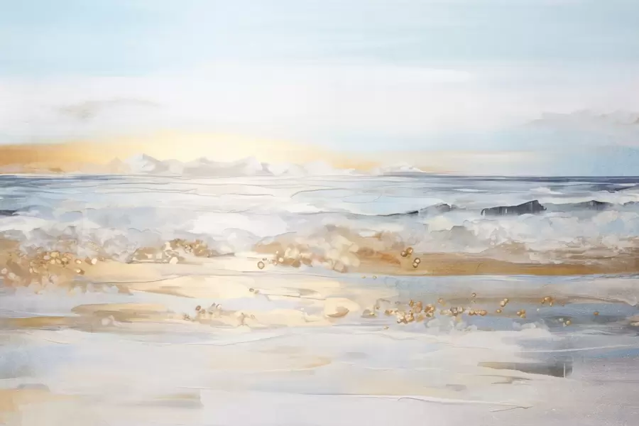 zidne murale Apstraktni teksturirani krajolik oceanskih valova koji se razbijaju o pješčanu plažu, meke pastelne boje, plavo nebo s laganim oblacima w09234