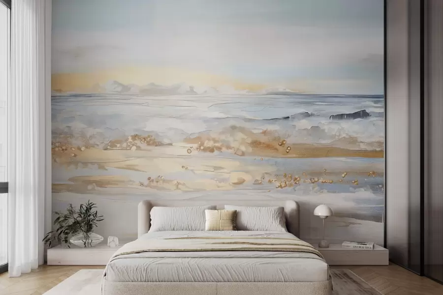 zidne murale Apstraktni teksturirani krajolik oceanskih valova koji se razbijaju o pješčanu plažu, meke pastelne boje, plavo nebo s laganim oblacima w09234