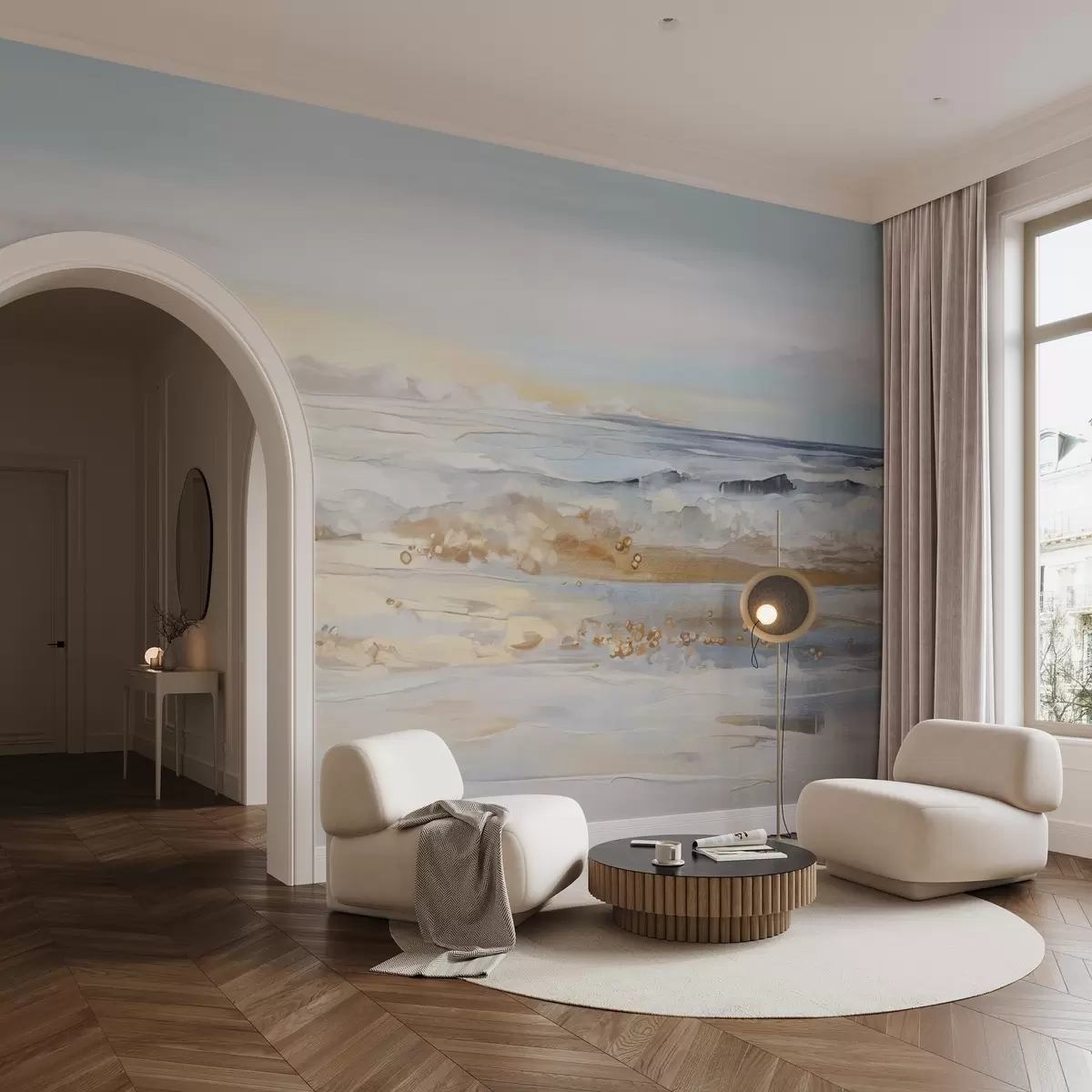 zidne murale Apstraktni teksturirani krajolik oceanskih valova koji se razbijaju o pješčanu plažu, meke pastelne boje, plavo nebo s laganim oblacima w09234