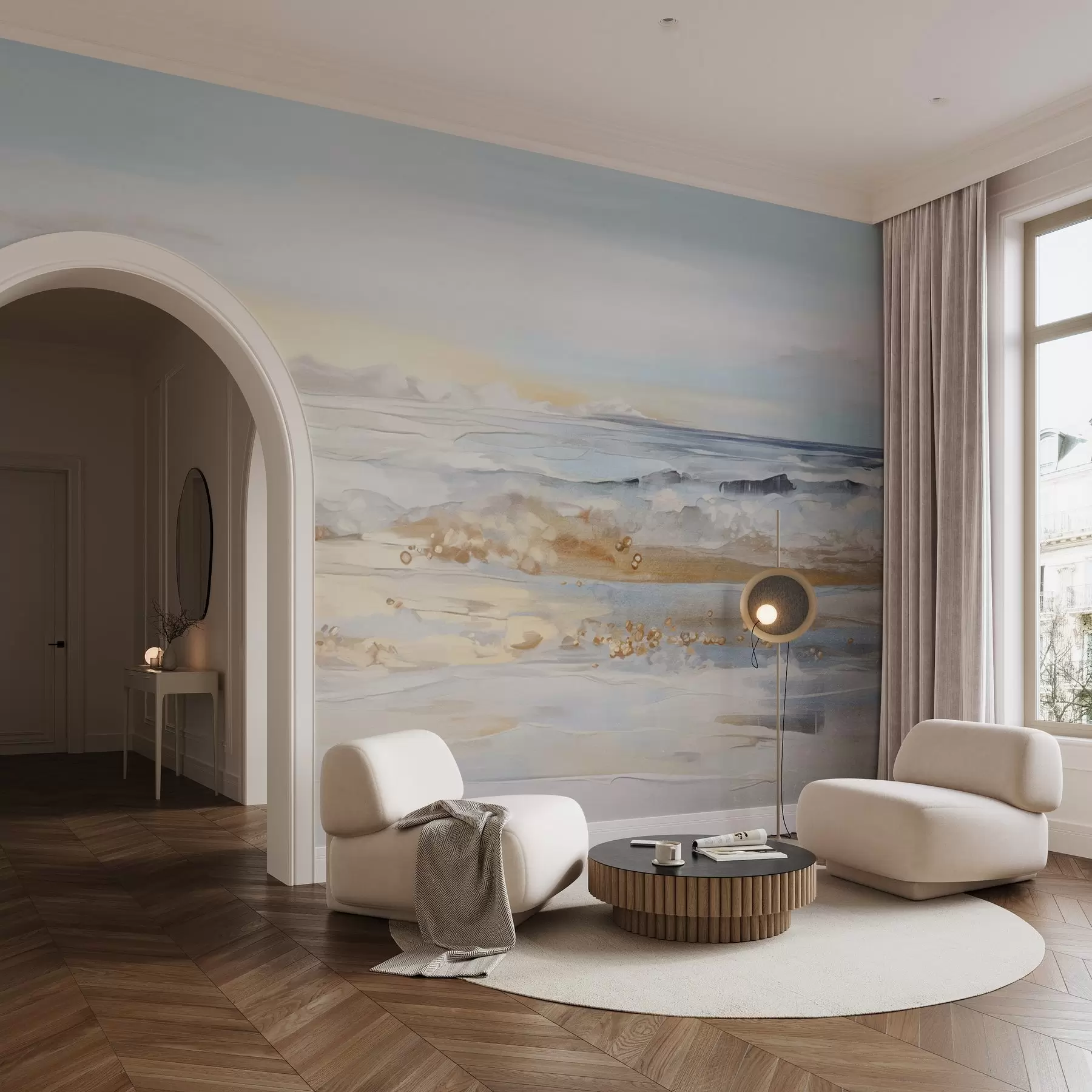 zidne murale Apstraktni teksturirani krajolik oceanskih valova koji se razbijaju o pješčanu plažu, meke pastelne boje, plavo nebo s laganim oblacima w09234