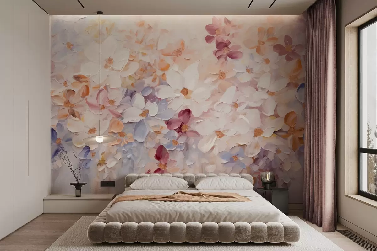 zidne murale Uljana slika imitacije cvjetnjaka s bijelim, ružičastim i narančastim cvijećem, meki potezi kistom, pastelne prigušene boje w09236