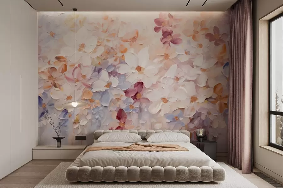 zidne murale Uljana slika imitacije cvjetnjaka s bijelim, ružičastim i narančastim cvijećem, meki potezi kistom, pastelne prigušene boje w09236