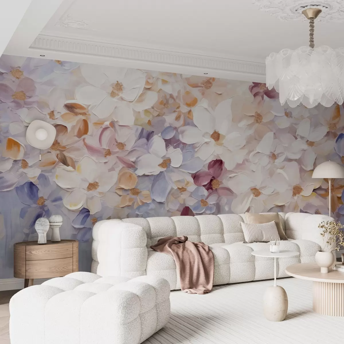 zidne murale Uljana slika imitacije cvjetnjaka s bijelim, ružičastim i narančastim cvijećem, meki potezi kistom, pastelne prigušene boje w09236