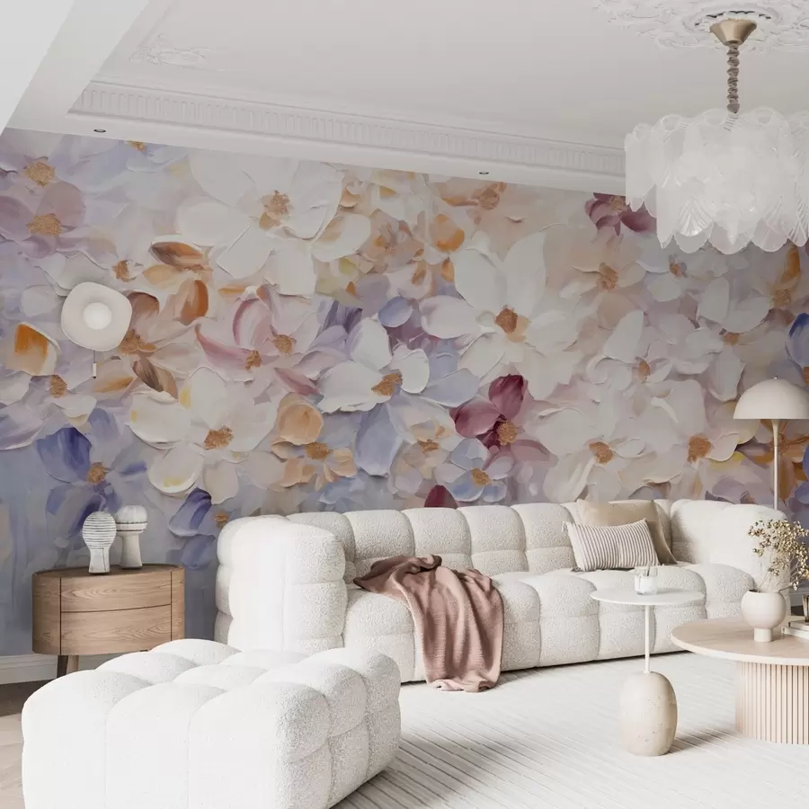 zidne murale Uljana slika imitacije cvjetnjaka s bijelim, ružičastim i narančastim cvijećem, meki potezi kistom, pastelne prigušene boje w09236