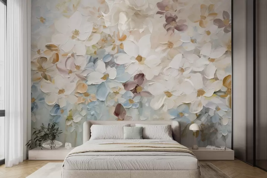 zidne murale Uljana slika imitacije cvjetnjaka s bijelim, plavim i narančastim cvijećem, mekim potezima kista, pastelnim prigušenim bojama w09236v1